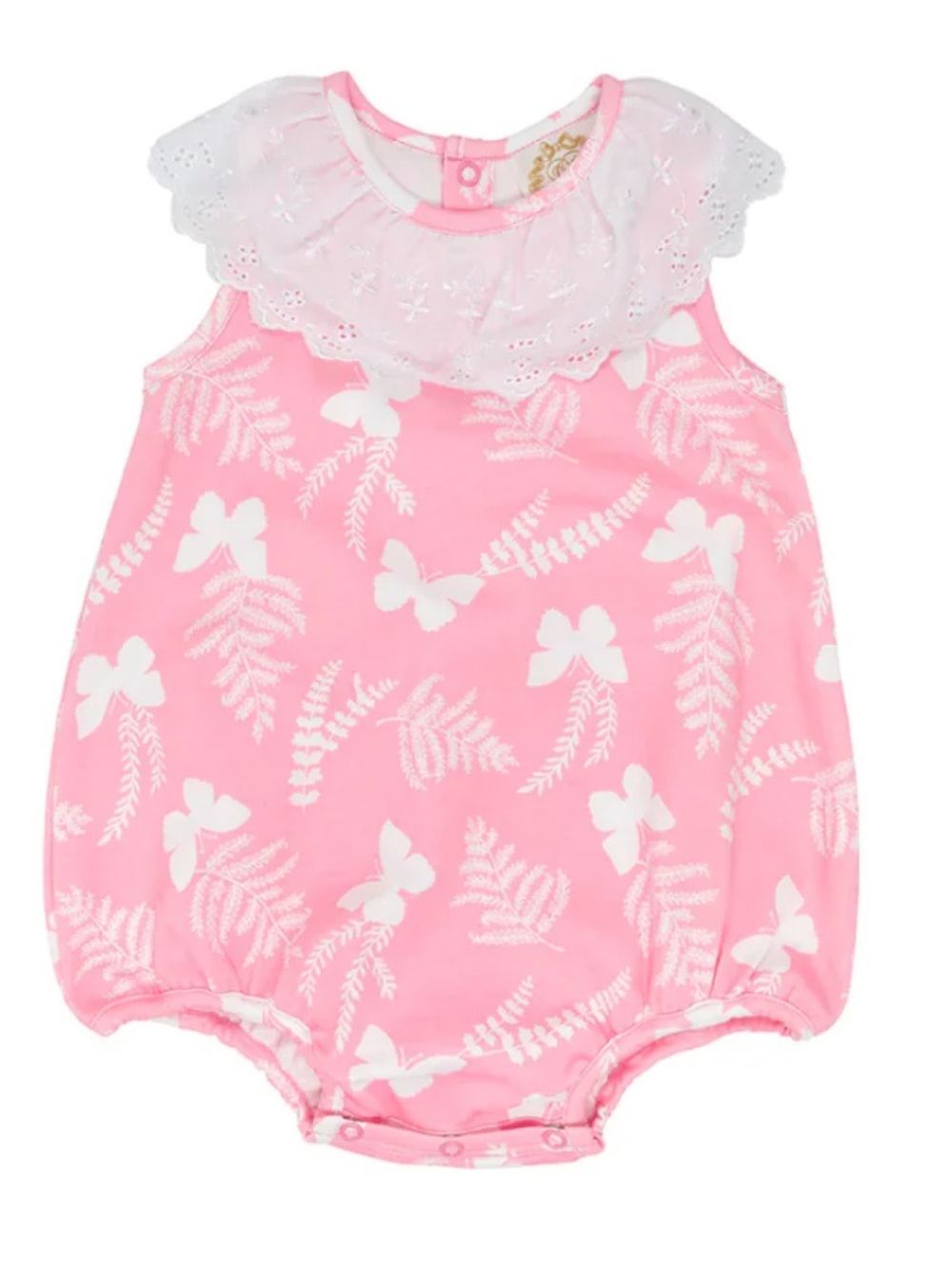 Beaufort Bonnet Pink Butterfly & Fern Bubble Romper with Eyelet Collar 3T
